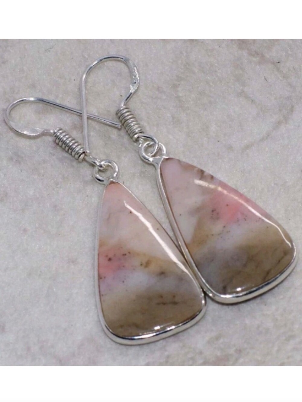 Peruvian Pink Opal Gemstone Jewelry 925 Sterling Silver Handmade Dangle Earrings